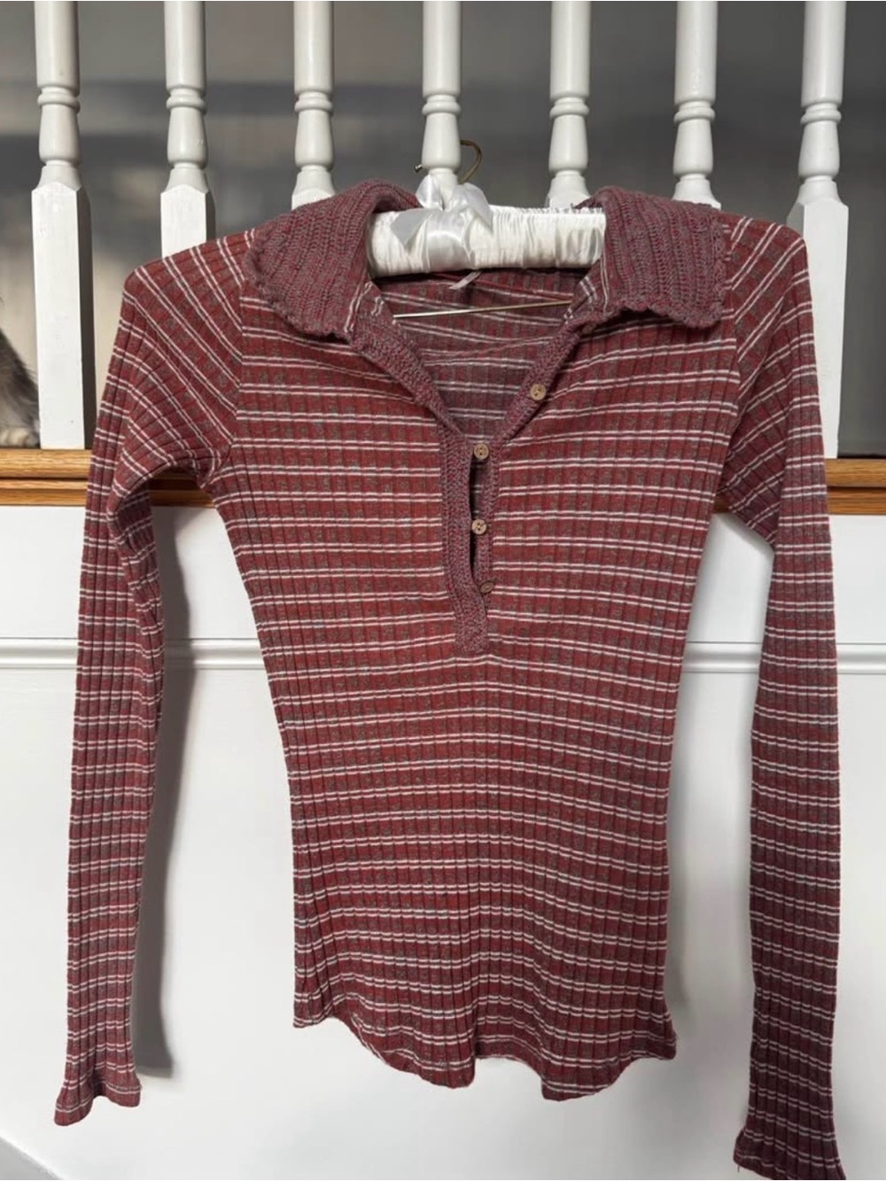 Free People Striped Ribbed Long-Sleeve Polo Top in Dusty Rose and White